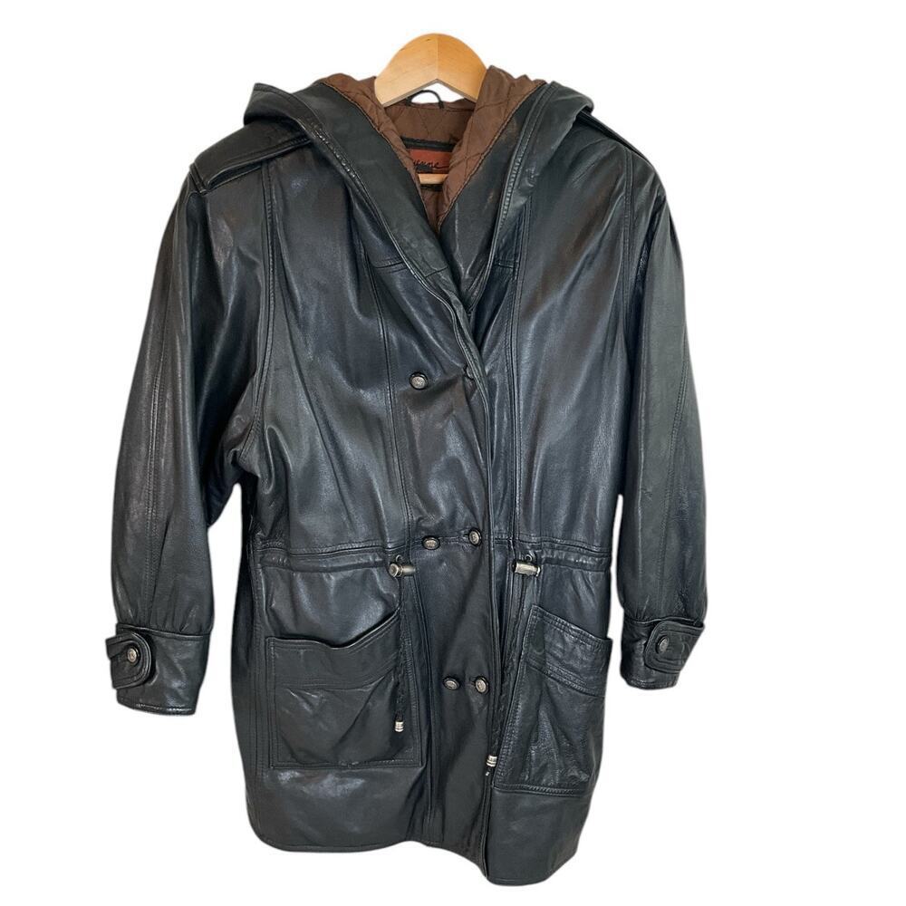 Vintage Hooded Cayenne 100% Leather Jacket 1990's Drawstring Waist SZ Small Men